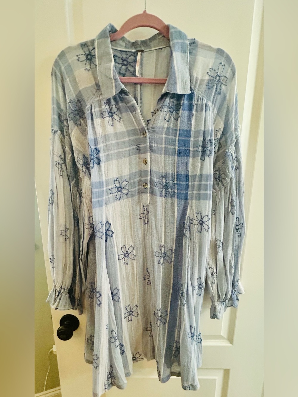 Beautiful Free People Light Blue Floral Plaid Button-Front Women's Tunic Top - L